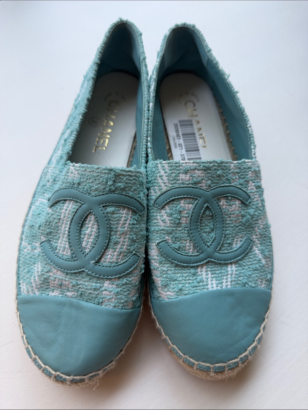 CHANEL Turquoise Tweed Espadrilles with CC Logo